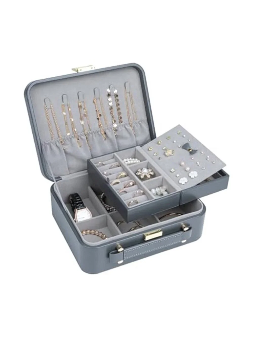 Large Travel Jewelry Box Organizer Case Leather 2 Layer Necklace Ring Storage